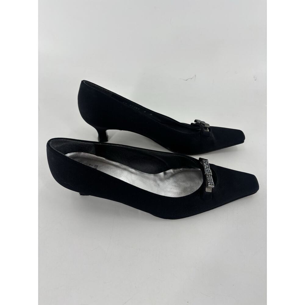 Stuart Weitzman Kitten Heels Womens 8M Black Rhinestone Bow Square Toe Pumps